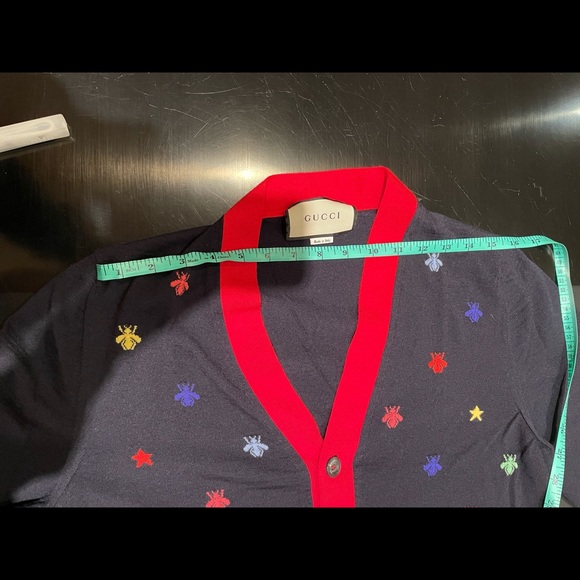 Fabulous Navy w Red trim Gucci multicolor bees cardigan size Medium (runs small) - Picture 6 of 9